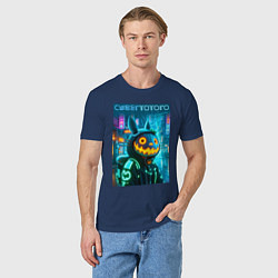 Футболка хлопковая мужская Totoro with a pumpkin head - halloween fantasy, цвет: тёмно-синий — фото 2