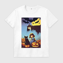 Мужская футболка Ведьма зависла над девочкой и котом