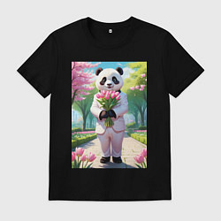 Футболка хлопковая мужская Панда с букетом тюльпанов, цвет: черный