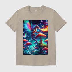 Футболка хлопковая мужская Сказочный дракон на планете неоновых грибов, цвет: миндальный