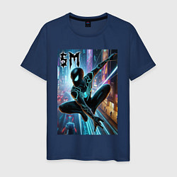 Футболка хлопковая мужская Neon Spider-man - ai art fantasy, цвет: тёмно-синий