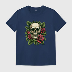 Мужская футболка Череп в зеленых листьях и красных розах