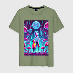 Мужская футболка Rick and Morty among neon mushrooms - ai art fanta