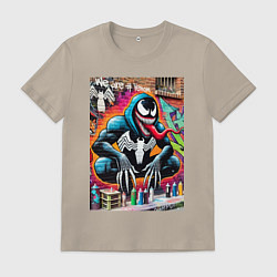 Футболка хлопковая мужская Веном сидит на кортах - граффити, цвет: миндальный