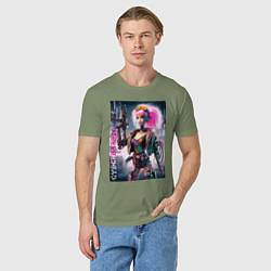 Футболка хлопковая мужская Cyber Barbie with gun - ai art, цвет: авокадо — фото 2