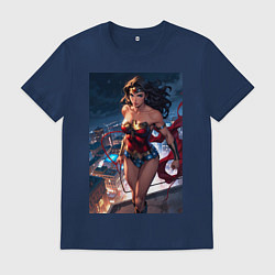 Футболка хлопковая мужская Чудо-женщина на крыше с городским фоном в стиле ко, цвет: тёмно-синий