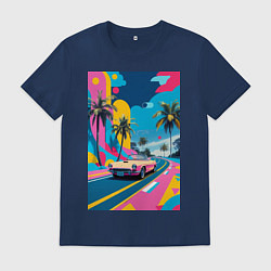 Футболка хлопковая мужская Кабриолет едет по тропическому острову в стиле Куб, цвет: тёмно-синий