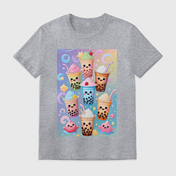 Футболка хлопковая мужская Улыбающиеся яркие разноцветные стаканчики с bubble, цвет: меланж