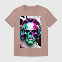 Футболка хлопковая мужская Череп в наушниках, цвет: пыльно-розовый