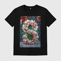Футболка хлопковая мужская Тюльпаны к празднику 8 марта, цвет: черный