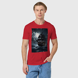 Футболка хлопковая мужская Пиратский корабль в шторм, цвет: красный — фото 2