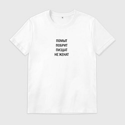 Футболка хлопковая мужская Помыт, побрит, пиздат, не женат без цензуры, цвет: белый