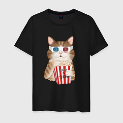 Футболка хлопковая мужская Котик киноман в очках 3d, цвет: черный
