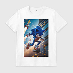 Футболка хлопковая мужская Соник убегает от летящих ракет, цвет: белый