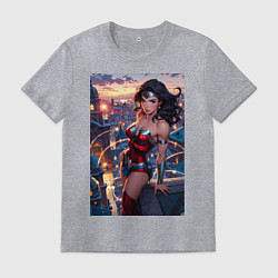Футболка хлопковая мужская Чудо-женщина с городским фоном в стиле комиксов, цвет: меланж