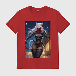 Футболка хлопковая мужская Кошка-ниндзя с ножами бежит в ночи, цвет: красный