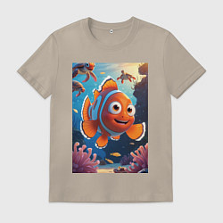 Футболка хлопковая мужская Рыбка клоун плавает с черепахами, цвет: миндальный