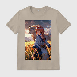 Футболка хлопковая мужская Девушка-волчица посреди поля пшеницы, цвет: миндальный