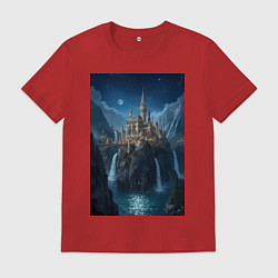 Футболка хлопковая мужская Замок в стиле Хогвартс под звездным небом, цвет: красный