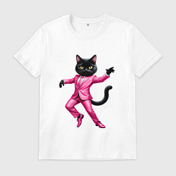 Футболка хлопковая мужская Черный кот в розовом костюме танцует, цвет: белый