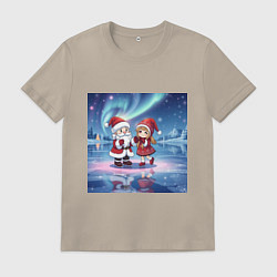 Футболка хлопковая мужская Дед Мороз и Снегурочка: новогодний танец на льду, цвет: миндальный