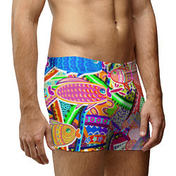 Трусы-боксеры мужские Разноцветные яркие рыбки на абстрактном цветном фо, цвет: 3D-принт — фото 2