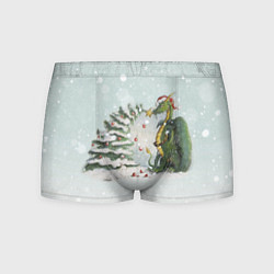 Трусы-боксеры мужские Дракон у наряженной ёлки и заяц беляк, цвет: 3D-принт