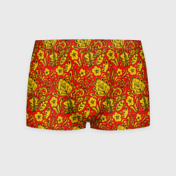 Трусы-боксеры мужские Хохломская роспись золотистые цветы на красном фон, цвет: 3D-принт