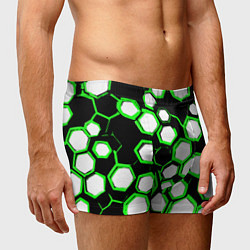 Трусы-боксеры мужские Бело-зелёные шестиугольники на чёрном фоне, цвет: 3D-принт — фото 2