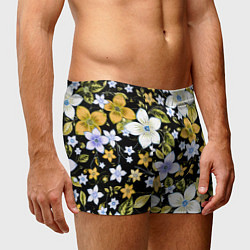 Трусы-боксеры мужские Жёлто-белые цветы на чёрном фоне, цвет: 3D-принт — фото 2