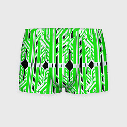 Трусы-боксеры мужские Бело-зелёные техно полосы на чёрном фоне, цвет: 3D-принт