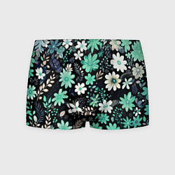 Трусы-боксеры мужские Чёрный в зелёный цветочек стилизованный, цвет: 3D-принт