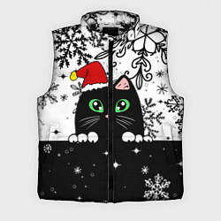 Мужской жилет Новогодний кот в колпаке Санты, цвет: 3D-черный