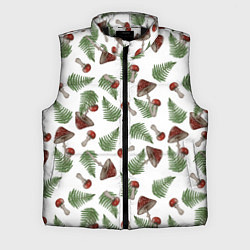 Мужской жилет Мухоморы и папоротник на белом - паттерн, цвет: 3D-черный