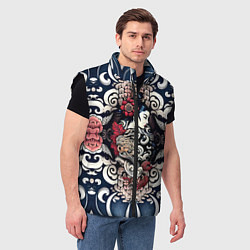 Мужской жилет Irezumi style: девушка и синие узоры, цвет: 3D-черный — фото 2