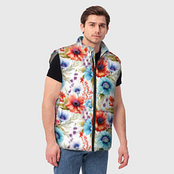 Мужской жилет Синие и красные маки на белом - паттерн, цвет: 3D-светло-серый — фото 2