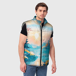 Мужской жилет Японский город вдали и цветущая Сакура у реки, цвет: 3D-светло-серый — фото 2