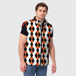 Мужской жилет Чёрные и оранжевые ромбы на белом фоне, цвет: 3D-красный — фото 2