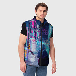 Мужской жилет Дождливый неоновый вечер в Японии, цвет: 3D-черный — фото 2