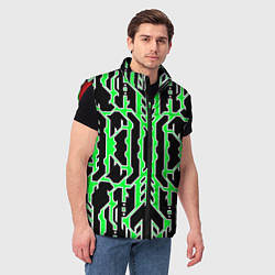 Мужской жилет Техно зелёные линии с белой обводкой на чёрном фон, цвет: 3D-красный — фото 2