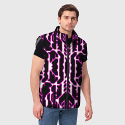 Мужской жилет Техно белые линии с розовой обводкой на чёрном фон, цвет: 3D-светло-серый — фото 2
