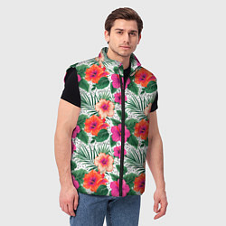 Мужской жилет Цветы гибискуса и листья мальмы летний тропический, цвет: 3D-черный — фото 2