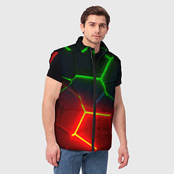 Мужской жилет Зеленые и красные неоновые плиты в разломе, цвет: 3D-красный — фото 2
