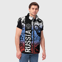 Мужской жилет Герб России на фоне матрёшек балалайки и славянски, цвет: 3D-светло-серый — фото 2