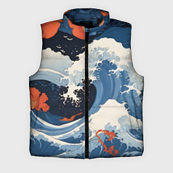Мужской жилет Япония волны алые цветы, цвет: 3D-черный