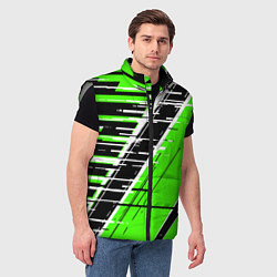 Мужской жилет Чёрно-белые глитч полосы на зелёном фоне, цвет: 3D-светло-серый — фото 2