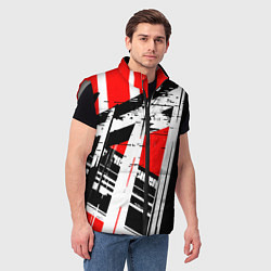 Мужской жилет Чёрно-белые абстрактные линии на красном фоне, цвет: 3D-светло-серый — фото 2