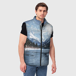 Мужской жилет Снежный горный пейзаж с елями и рекой, цвет: 3D-черный — фото 2