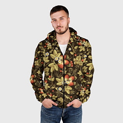 Ветровка с капюшоном мужская Хохлома роспись клубника, цвет: 3D-черный — фото 2
