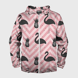 Ветровка с капюшоном мужская Черный фламинго арт, цвет: 3D-белый